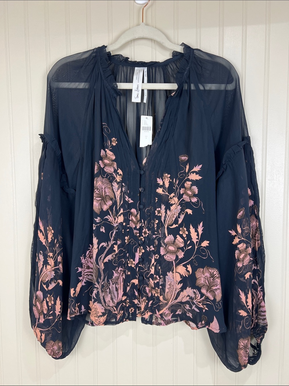New Anthropologie Florence Balducci Pintuck Blouse Floral black motif Small - Picture 2 of 13